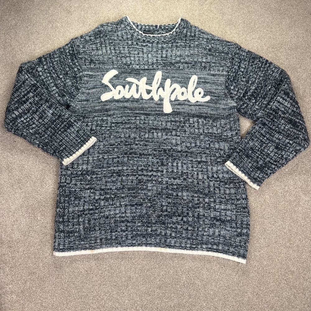 Southpole Mens Crewneck Sweater Blue White Marled‎ Knit Logo Patch Medium
